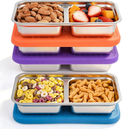 4 Pack Stainless Steel Snack Containers Set, Mixed Single & 2 Compartment Bento Boxes with Silicone Lids, Leakproof Food Storage for Meal Prep, Lunch, Travel, Picnic, Camping, Kitchen Organization