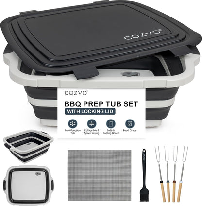 6-in-1 Collapsible BBQ Prep Tub & Marinade Container with Locking Lid | 20" Multifunction Camping Sink, Portable Cutting Board, and Food Storage Bin for Grilling, Picnics, Tailgating - Black