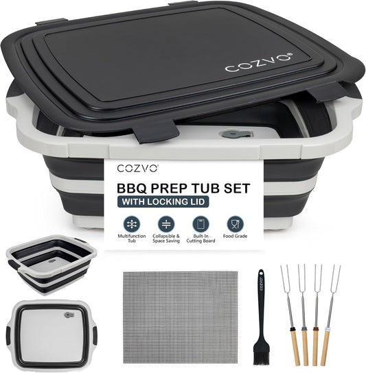 6-in-1 Collapsible BBQ Prep Tub & Marinade Container with Locking Lid | 20" Multifunction Camping Sink, Portable Cutting Board, and Food Storage Bin for Grilling, Picnics, Tailgating - Black