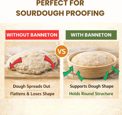 Banneton Sourdough Bread Proofing Basket, Premium AA-Grade, 9 Inch for Round, Boules Loaves, Vietnamese Banneton with Cloth Cover, Bread Lame Holder with 5 Blades (9.1 Inch)