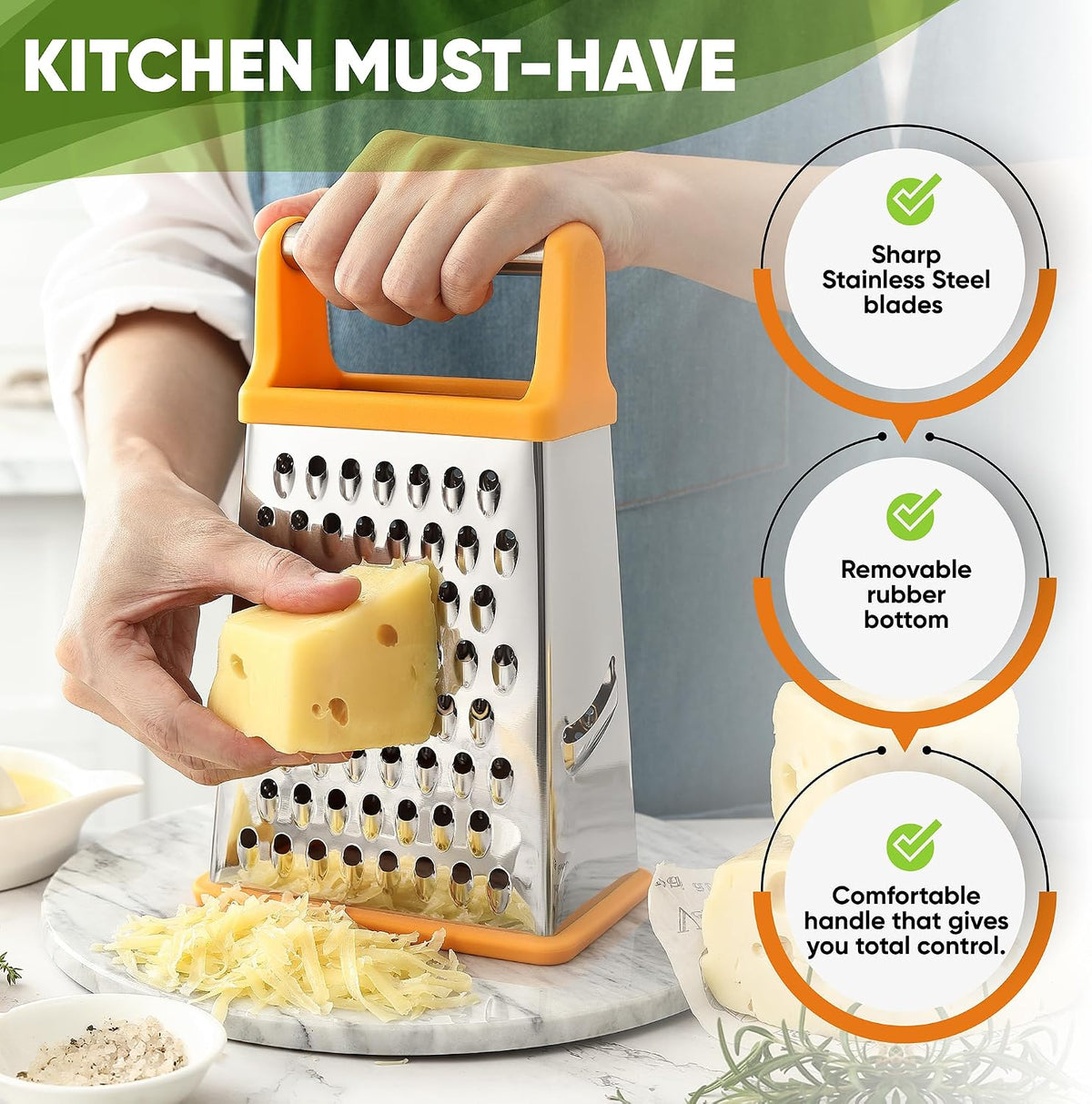 Spring Chef Stainless Steel XL Cheese Grater for Kitchen, Green