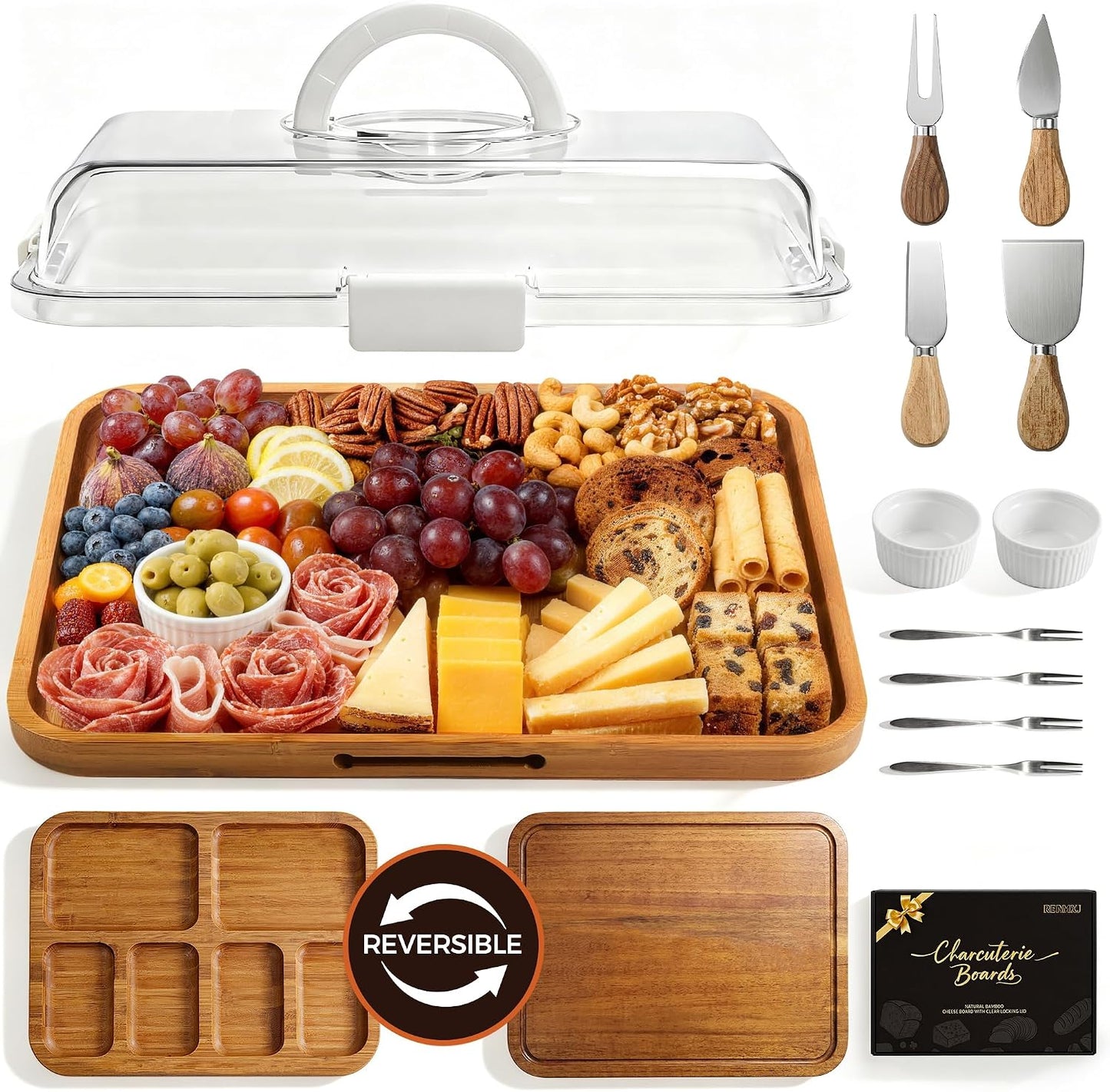 Renmxj Charcuterie Boards with Lid Gift Set, 2 in 1 Travel Portable Cheese Board with Knives Set, Carbonized Bamboo Charcuterie Tray, Housewarming Gifts New Home, Picnic, Wedding Gifts, Black Handle