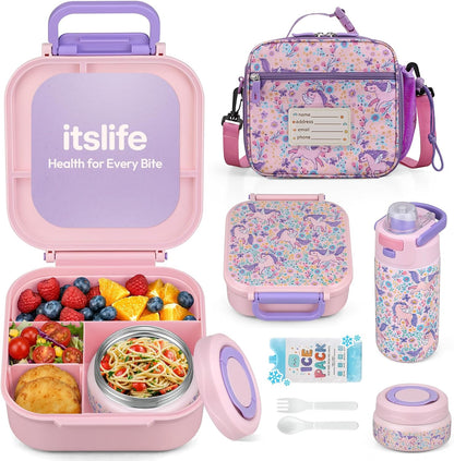 Itslife Bento Box for Kids Set, Insulated Food Container,Kids Lunch Box, 7 oz Thermos for Hot Food, 12 oz Thermos Water Bottle, Reusable Insulated Ice Bag & Fork Spoon Utensils Camping Travel Pink