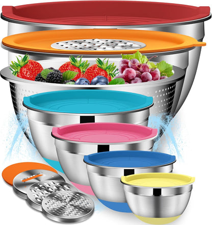 DUTZUN Mixing Bowls with Lids Set - 16pcs Stainless Steel Mixing Bowl Set with Colander, 3 Grater Attachments, Non-Slip Bottom, Metal Nesting Bowls with Strainer for Mixing & Serving - Black