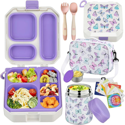 wiwens Bento Lunch Box for Kids with 12oz Soup Thermo Leak-Proof Lunch Food Container with 5 Compartment Thermo Hot Food Jar and Insulated Lunch Bag for Kid Toddler Girls Boys to School