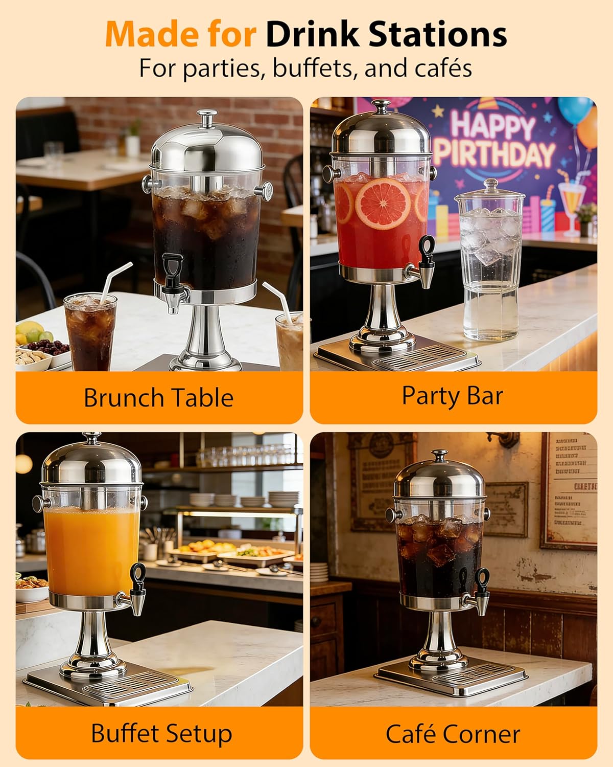 Beverage Dispenser with Stand, 3 Gallon Drink Dispenser for Parties,Events,Buffet &Self-Serve,Dual Ice Tube Core Fruit Infuser,Leakproof Spigot,Clear PC Container, Stainless Steel Lid&Base