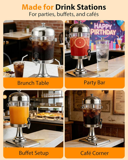 Beverage Dispenser with Stand, 3 Gallon Drink Dispenser for Parties,Events,Buffet &Self-Serve,Dual Ice Tube Core Fruit Infuser,Leakproof Spigot,Clear PC Container, Stainless Steel Lid&Base