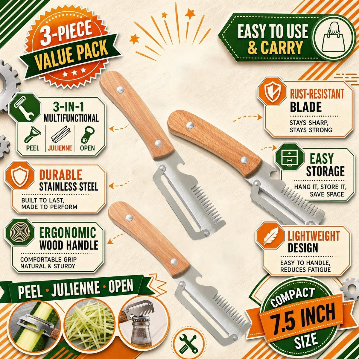 3Pcs Multifunctional vegetable peeler 2026 New 3 in 1 Stainless Steel Blade Wooden Handle Bottle Opener Kitchen Tool For Veggie Fruit