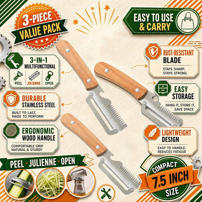 3Pcs Multifunctional vegetable peeler 2026 New 3 in 1 Stainless Steel Blade Wooden Handle Bottle Opener Kitchen Tool For Veggie Fruit