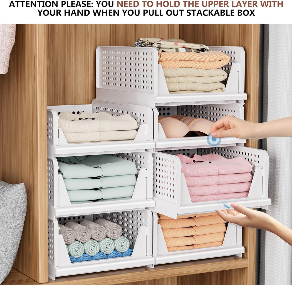CTSNSLH 5 Pack Closet Organizers Storage Box, Closet Storage Stackable Storage Bins, Plastic Drawer Basket for Wardrobe Cupboard Kitchen Bathroom Office, White