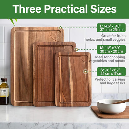 Wood Cutting Board Set of 4, Wooden Chopping Boards with Food Icons for Kitchen, Charcuterie Board for Meat, Vegetables, Fruits, Cheese