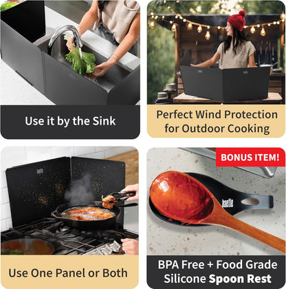 Foldable, Nonstick, Grease Splatter Guard for Stove Top by Baetle– Heavy-Duty Stainless Steel Oil Splash Shield, Premium Black Style, 29.5" Wide Back Panel, 13.6" Deep–with Spoon Rest