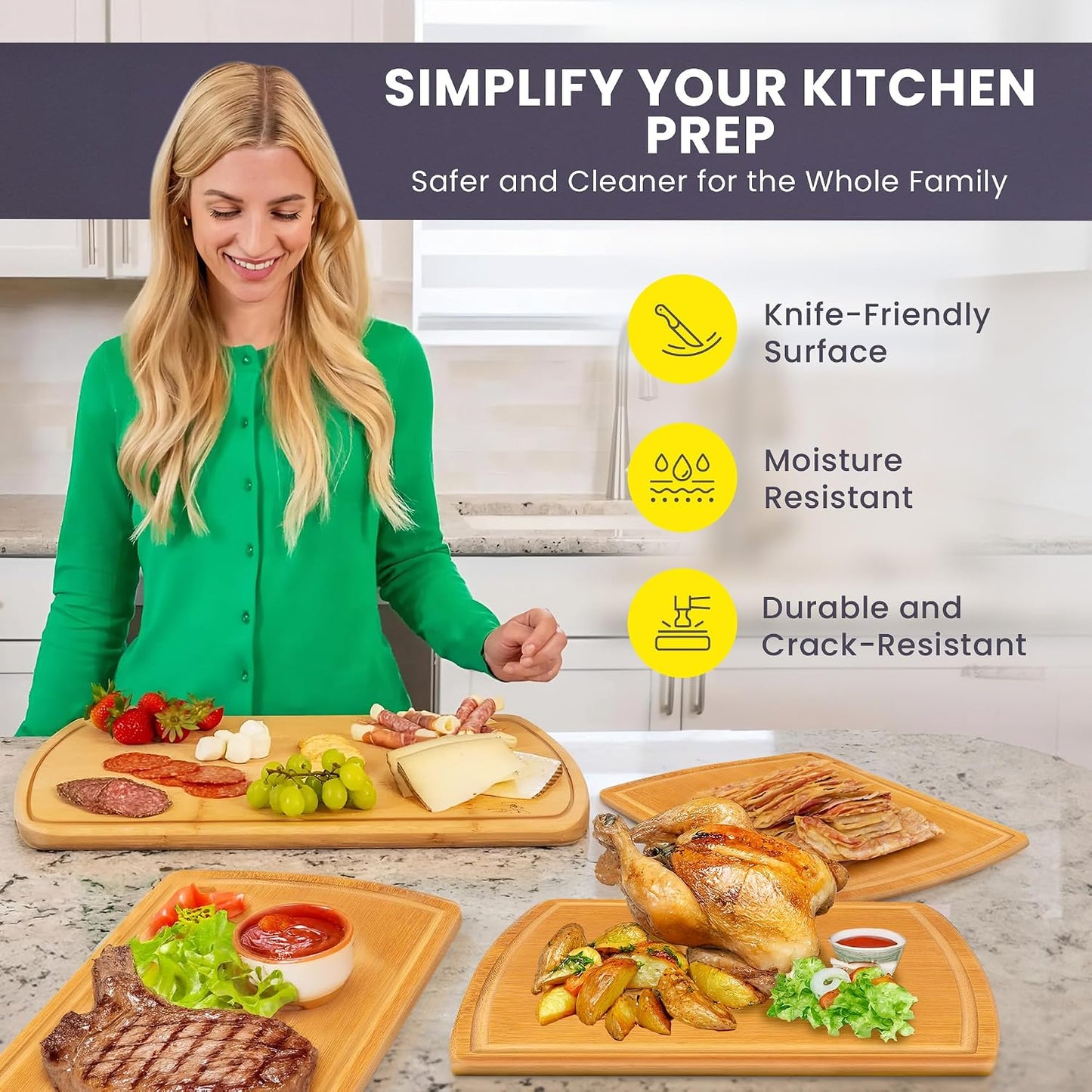 Greener Chef Luxury Bamboo Cutting Board Set of 3 with Glue-Free Surface Technology - Extra Spacious Wood Cutting Boards for Kitchen and XL Chopping Board Set - Replacements for Life