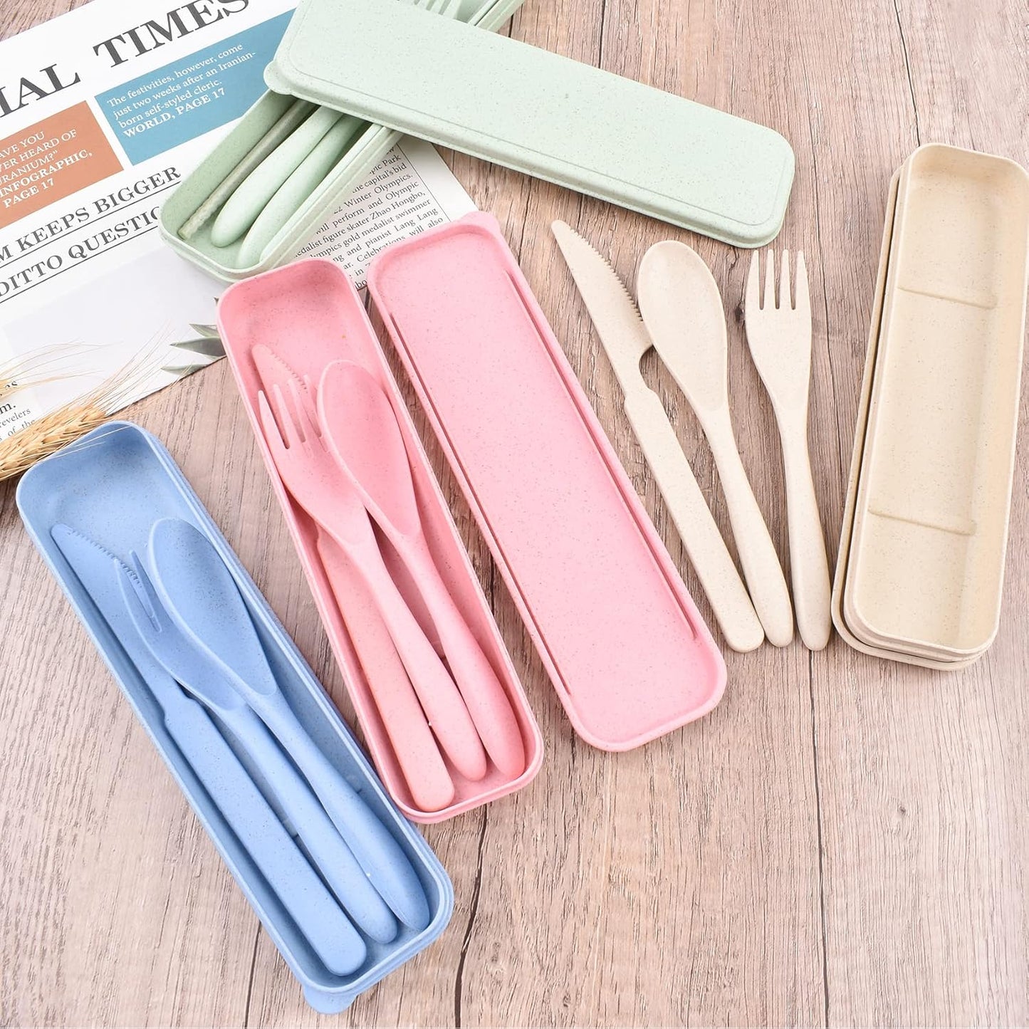 Lnrkai Travel Utensils Set with Case, 4 Sets Wheat Straw Reusable Spoon Knife Forks Tableware, Portable Cutlery Set for Lunch Box Accessories for Adults Travel Picnic Camping or Daily Use