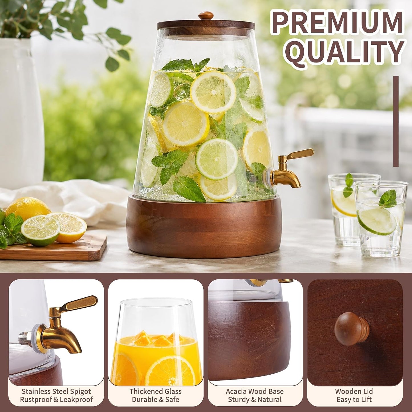 Glass Drink Dispenser with Spigot, 1.72 Gallon Beverage Dispenser for Parties, Acacia Wood Stand, Silicone Protection Mat & Cleaning Brush, Beverage Server for Lemonade, Juice, Iced Tea, Sangria