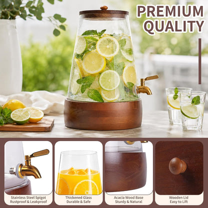 Glass Drink Dispenser with Spigot, 1.72 Gallon Beverage Dispenser for Parties, Acacia Wood Stand, Silicone Protection Mat & Cleaning Brush, Beverage Server for Lemonade, Juice, Iced Tea, Sangria