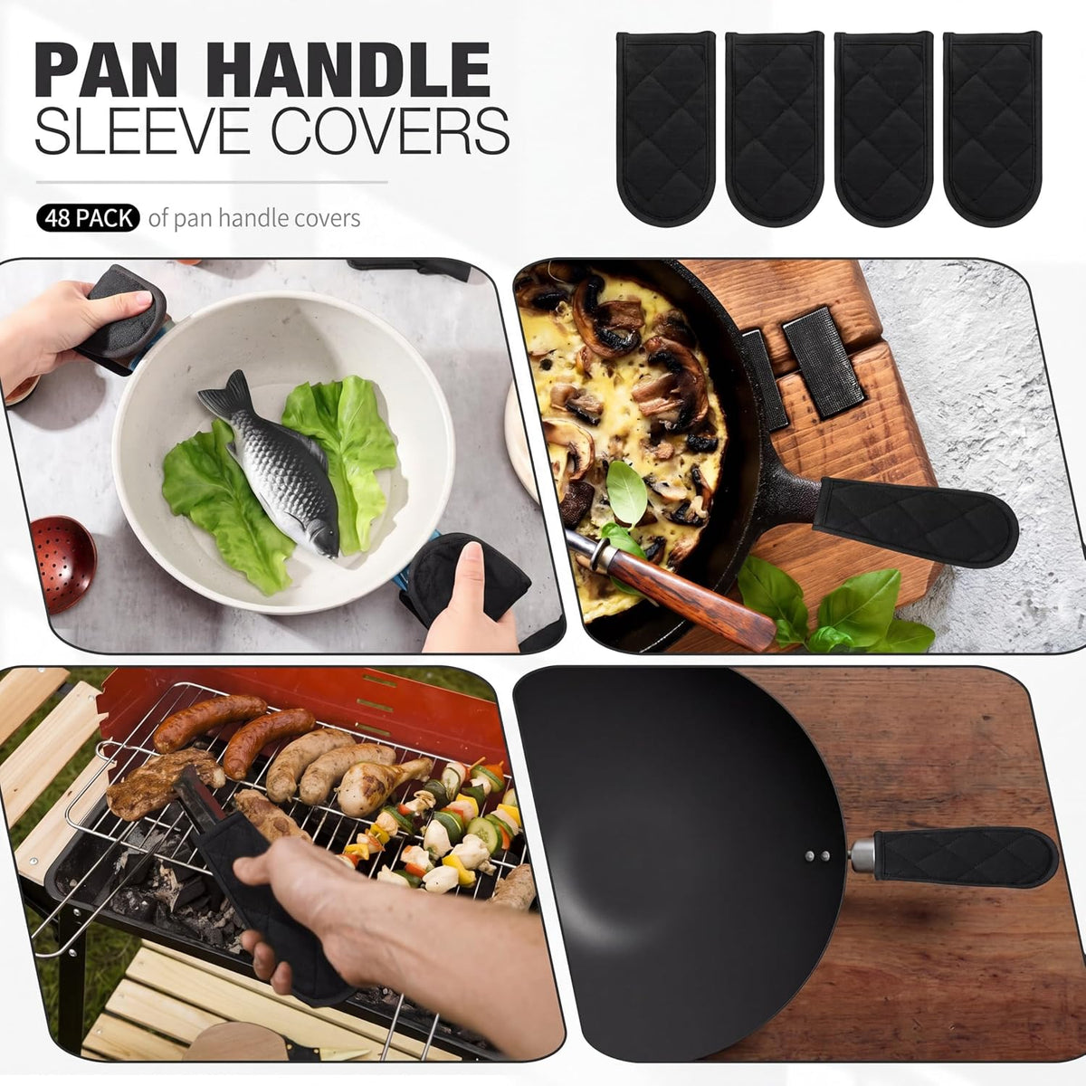Dandat 24 Set Hot Handle Covers for Daily Replace Use Gift Pan Handle Sleeve Covers Heat Resistant Cast Iron Holder Sleeve Washable Handgrip Mitts for Christmas Kitchen Gifts Craft (Black)