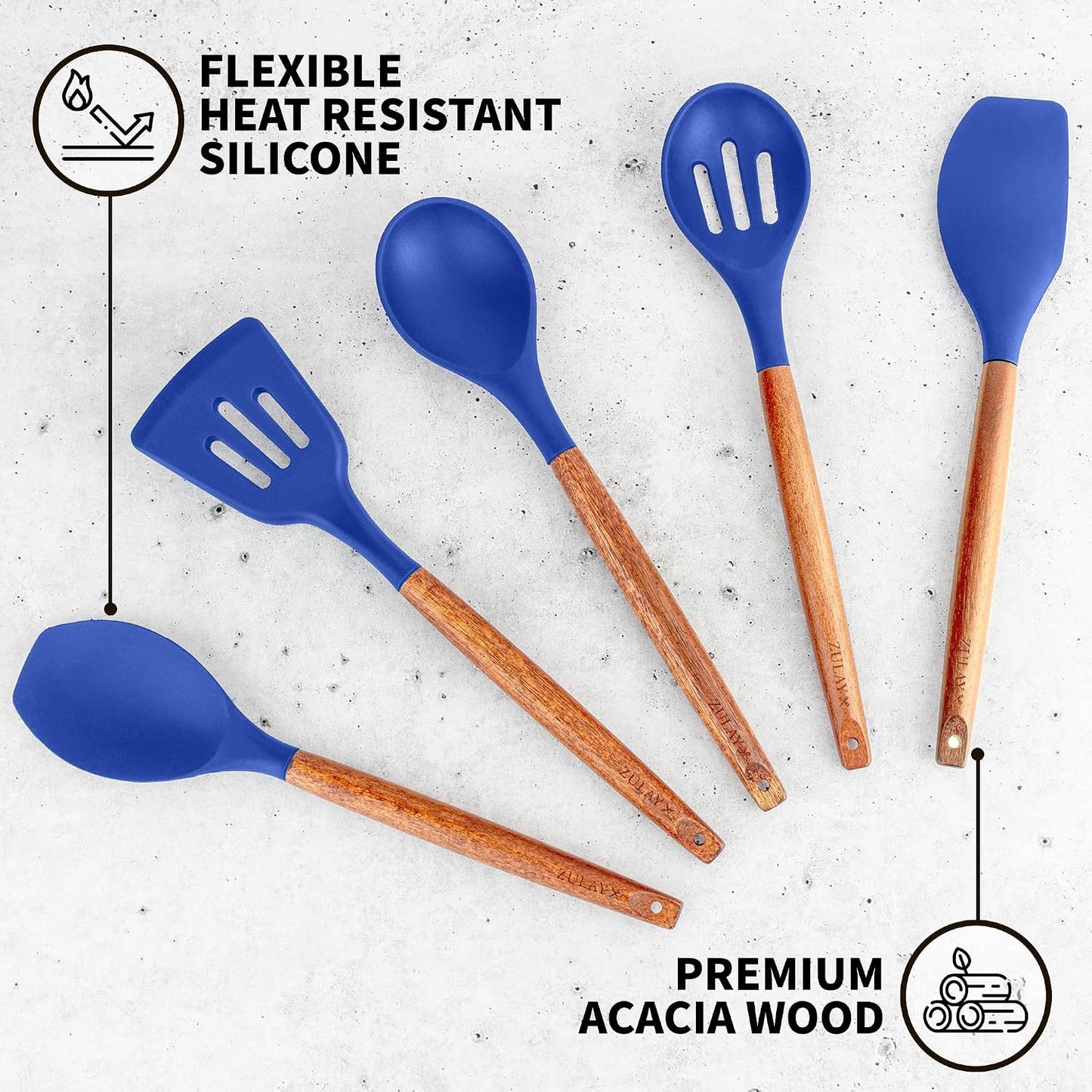 Zulay Kitchen Utensils Set Non-Stick Silicone Cooking Utensils Set with Authentic Acacia Wood Handles - 5 Piece Silicone Utensil Set - Kitchen Utensils Set with 464°F Heat Resistance - Gray