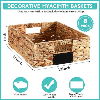 Nitial 8 Pcs Wicker Storage Basket, Rectangular Water Hyacinth Storage Basket for Shelving, Foldable Woven Pantry Organizer with Chalkboard Label and Chalk Marker (Natural,12 x 9 x 5 Inch)