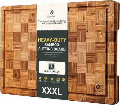 3 Pack Heavy Duty Bamboo Cutting Board Set Non Toxic Wooden Cutting Board for Kitchen Non Slip Solid End Grain Thick Wood Juice Groove Chopping Board Extra Large Butcher Block Best House Warming Gift