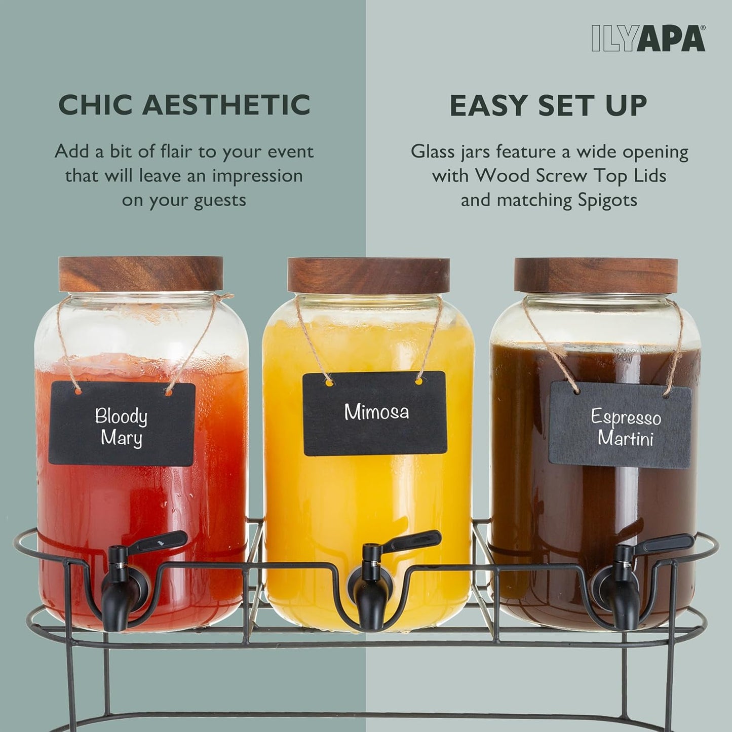 Ilyapa Glass Drink Dispensers for Parties with Stand - 2 Pack, 2 Gallon Double Beverage Dispenser with Wood Tops & Black Stainless Spigots