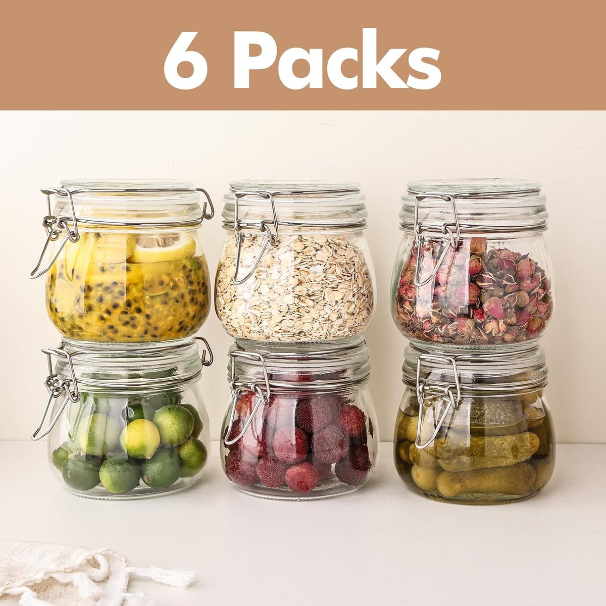 Glass Food Storage Jars 37 oz Set of 6,Glass Storage Containers Clear Glass Food Canister with Bamboo Lid Airtight For Serving Tea, Coffee, Flour, Sugar, Candy, Cookie, Spice and More (Square)