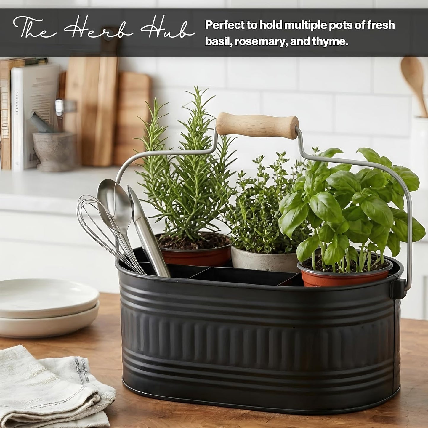 Alpha Living Home Galvanized Metal Utensil Caddy - Rustic Farmhouse Organizer Metal Garden Caddy with 4 Compartments and Wooden Handle for Kitchen, Buffet & Outdoor Events (Silver)