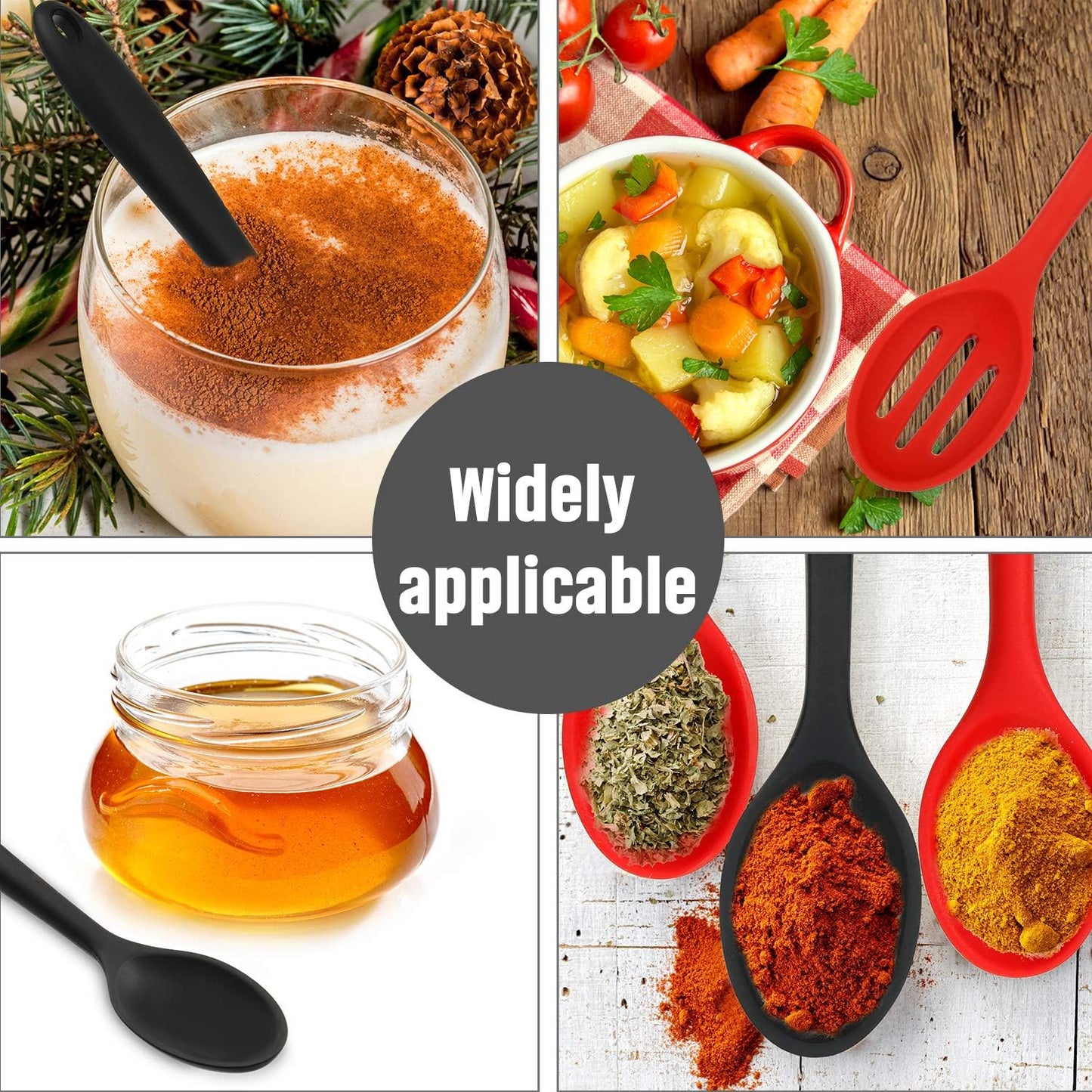 Boao 4 Pcs Silicone Spoons for Cooking 10.6 Inch Large Nonstick Serving Spoons Heat Resistant Slotted Spoon for Mixing & Stirring Kitchen Cooking Utensils, Dishwasher Safe(Black)