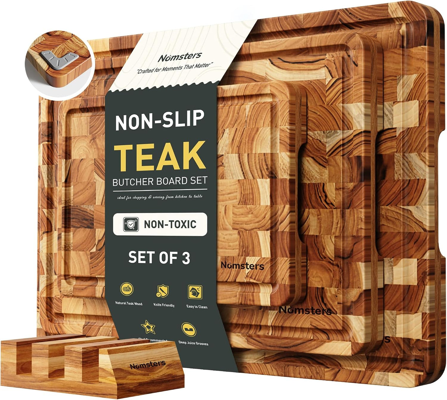 Teak Wood End Grain Cutting Board Set of 2 with Non-slip Feet, Reversible Cutting Boards for Kitchen with Juice Grooves and Handles Non Toxic Chopping Board Butcher Block Serving Tray Kitchen Gift