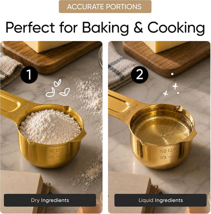 Color Up Measuring Cup Set, 8 Piece, Copper and Chrome Finish, Stainless Steel, Accurate for Wet & Dry Ingredients, Embossed Markings, Easy Pour Spouts, Dishwasher Safe, Kitchen Essential (Stainless)