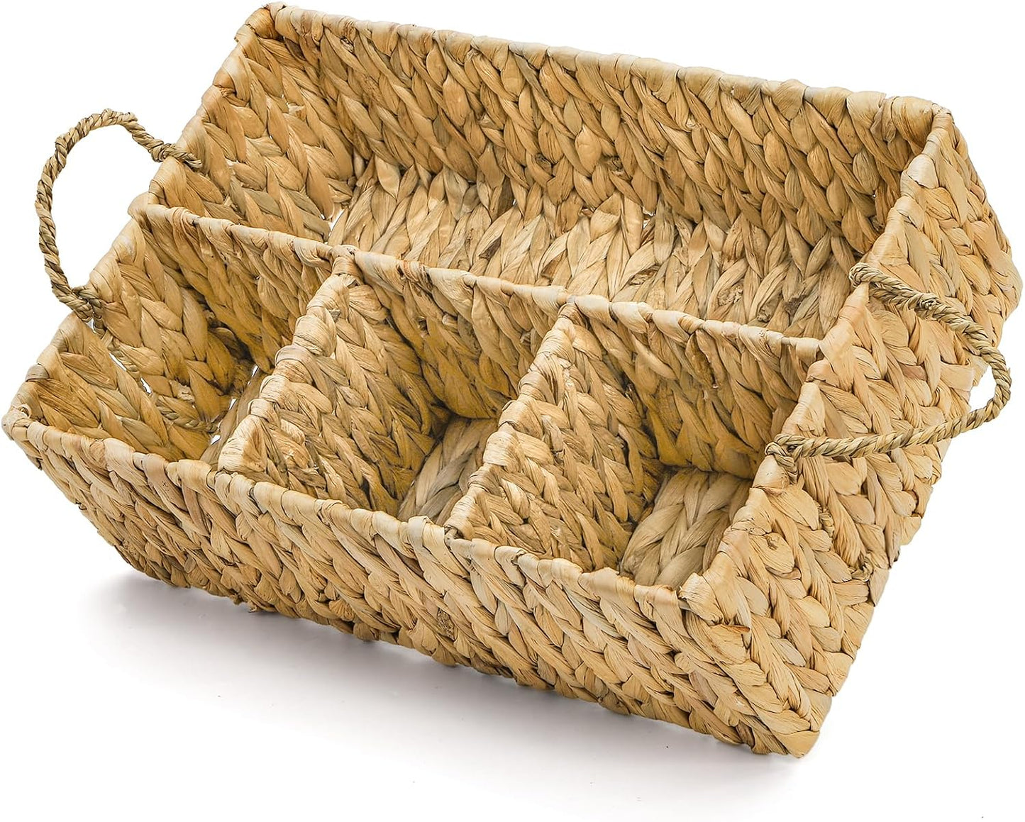 Divided Water Hyacinth Storage Basket, 4 Section Natural Wicker Storage Bin, Woven Storage Organizer with Handle, Large Basket for Shelves Countertop Bathroom Pantry, 16" L x 10.5" W x 5.5" H