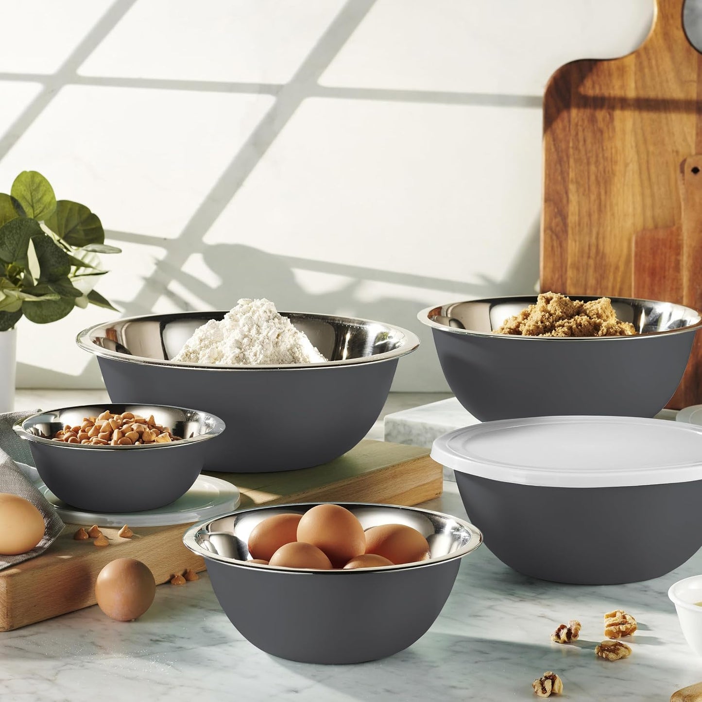 WHYSKO Stainless Steel Mixing Bowl Set, 10 Piece Stainless Steel Mixing Bowls with Lids Set for Food Prep Storage and Serving, Dishwasher Safe for Kitchen Baking Cooking, Silver