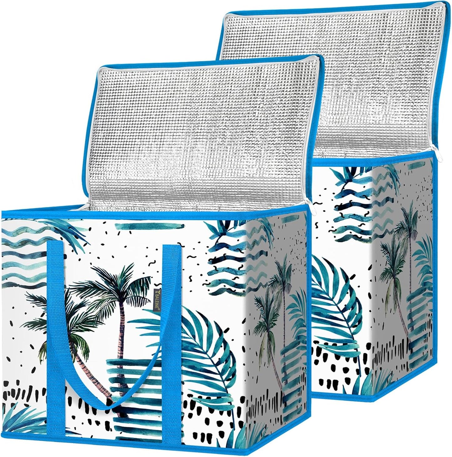 BALEINE 2Pk Insulated Reusable Grocery Bags, Collapsible Cooler Bag for Groceries, Heavy Duty Large Insulated Bag (16''x9''x13'', Antique Foliage)
