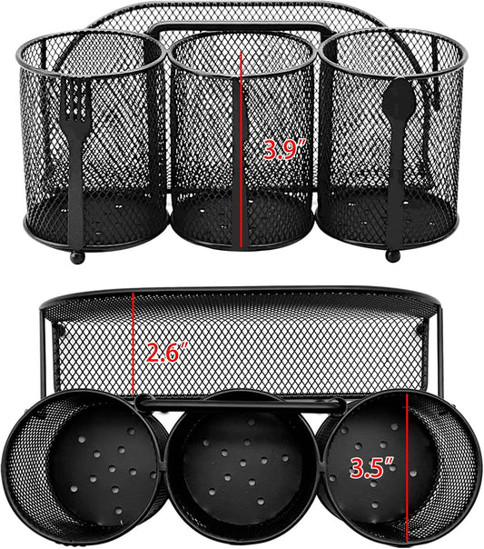 Silverware Organizer Utensil Caddy - 4 Compartment Metal Cutlery Holder Flatware Storage Basket Fork Spoon Napkin Paper Plate Kitchen Countertop Party Picnic Camping Buffet Outdoor (Black)