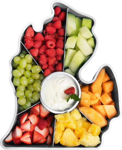 KOLORAE Michigan Serving Tray - Unique 7 Compartment Mitten State Reusable Snack Tray w/Dressing Cup. Great for Entertaining and Storage for Appetizers, Snacks, Chips & Dip