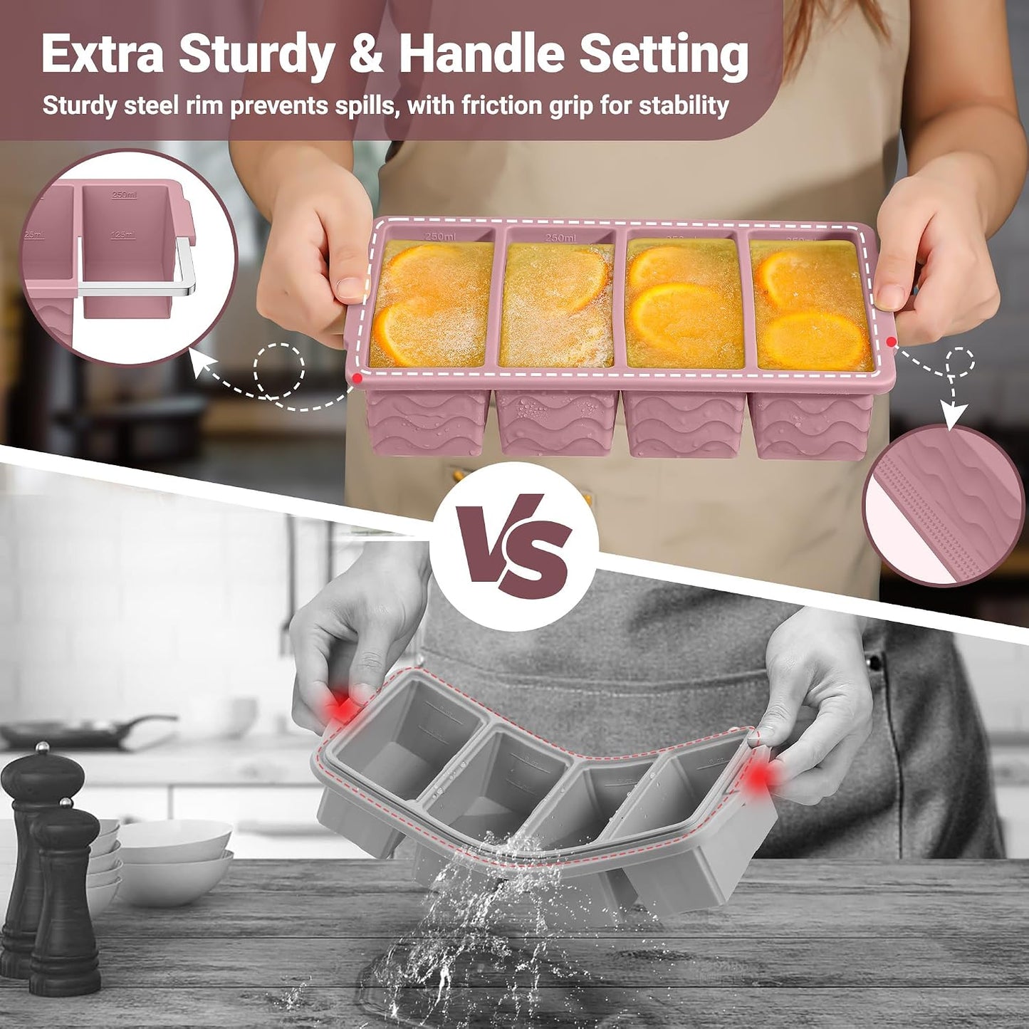 Silicone Freezer Trays with Lid for Soup, 1-Cup & 2-Cup Large Ice Cube Molds Food Storage Containers for Meal Prep, Freeze 500mL/250mL/125mL Portions – 2 Pack