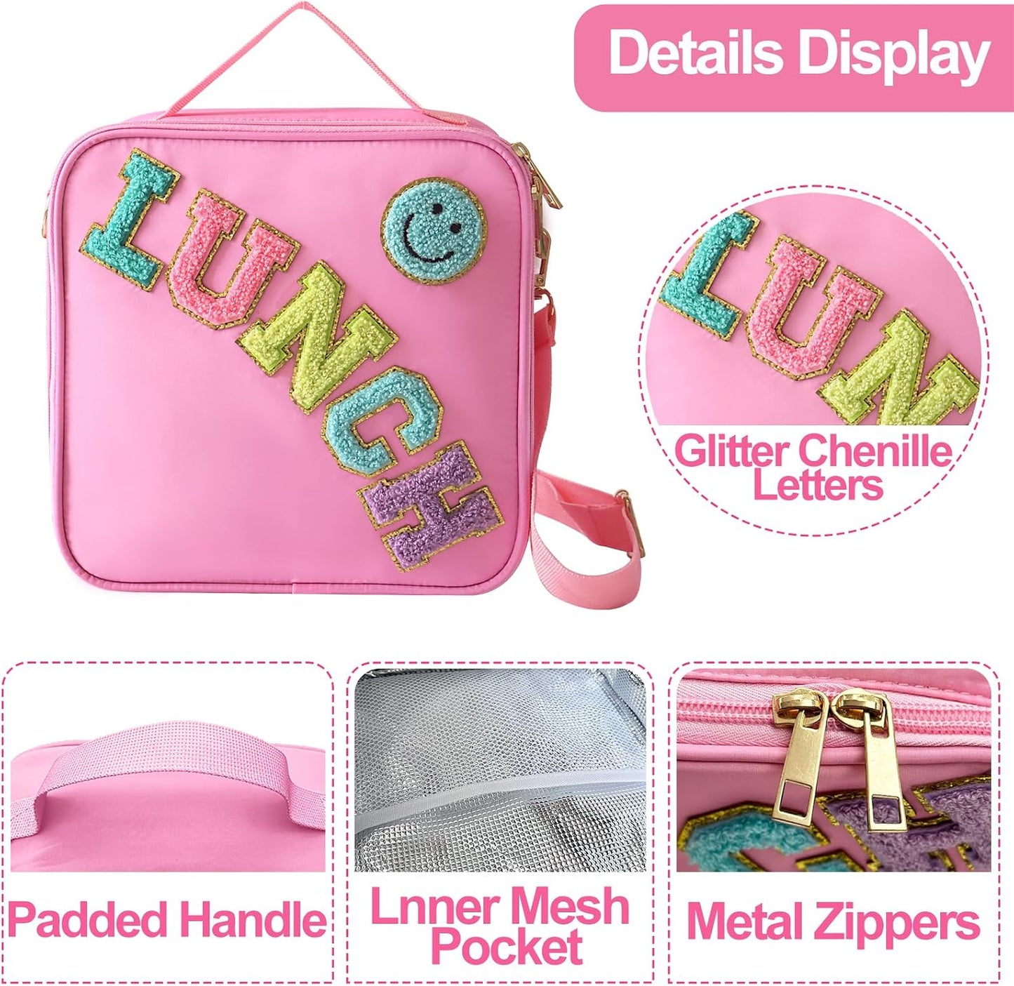 Insulated Lunch Bag With Adjustable Shoulder Strap, Nylon Preppy Lunch Box Large Insulated Lunch Bag Reusable Lunch Tote Bag with Smiley Preppy LunchBag for Girls School Travel Picnic (Green)