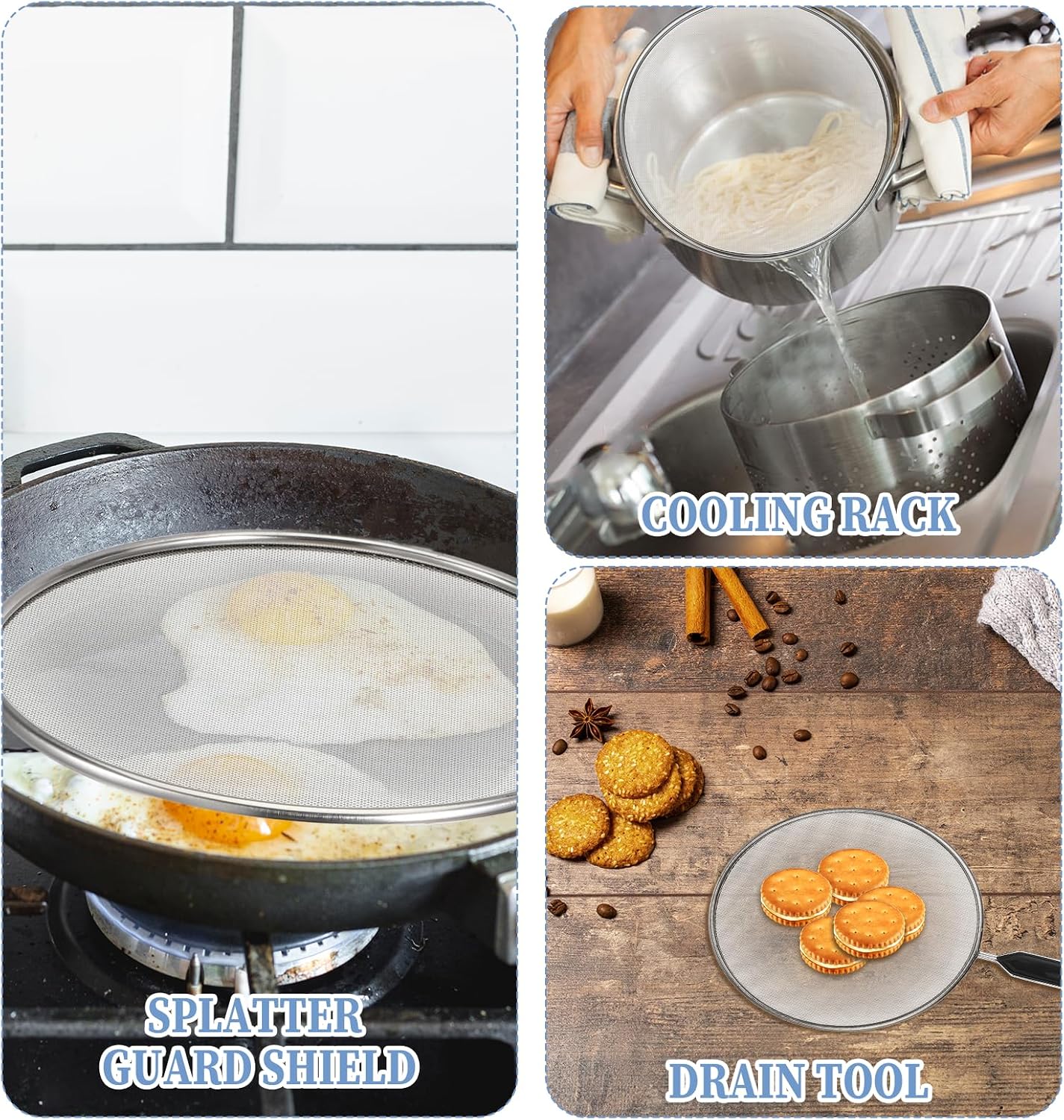 Splatter Screen for Frying Pan 7.5’’ Stainless Steel Grease Splatter Guard with Comfortable Grip Handle Pan Cover Cooking Protector Ultra Fine Mesh Prevents Oil Splatters for Frying Cooking (Black)