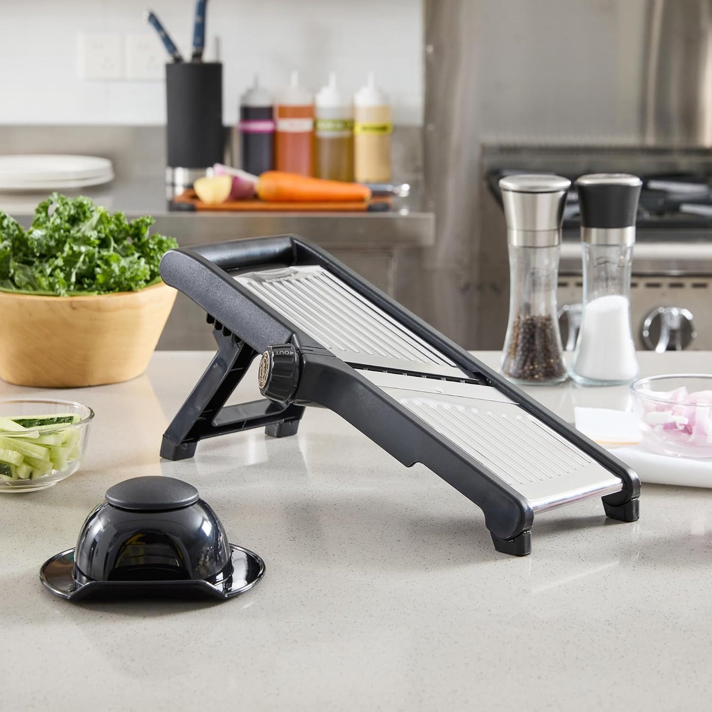 Restaurantware Stainless Steel Adjustable Mandoline Slicer - German Standard Vegetable Slicer with Blade Guard, Includes Cut-Resistant Gloves - Food Slicer for Potato, Onions, Cucumbers, Tomato