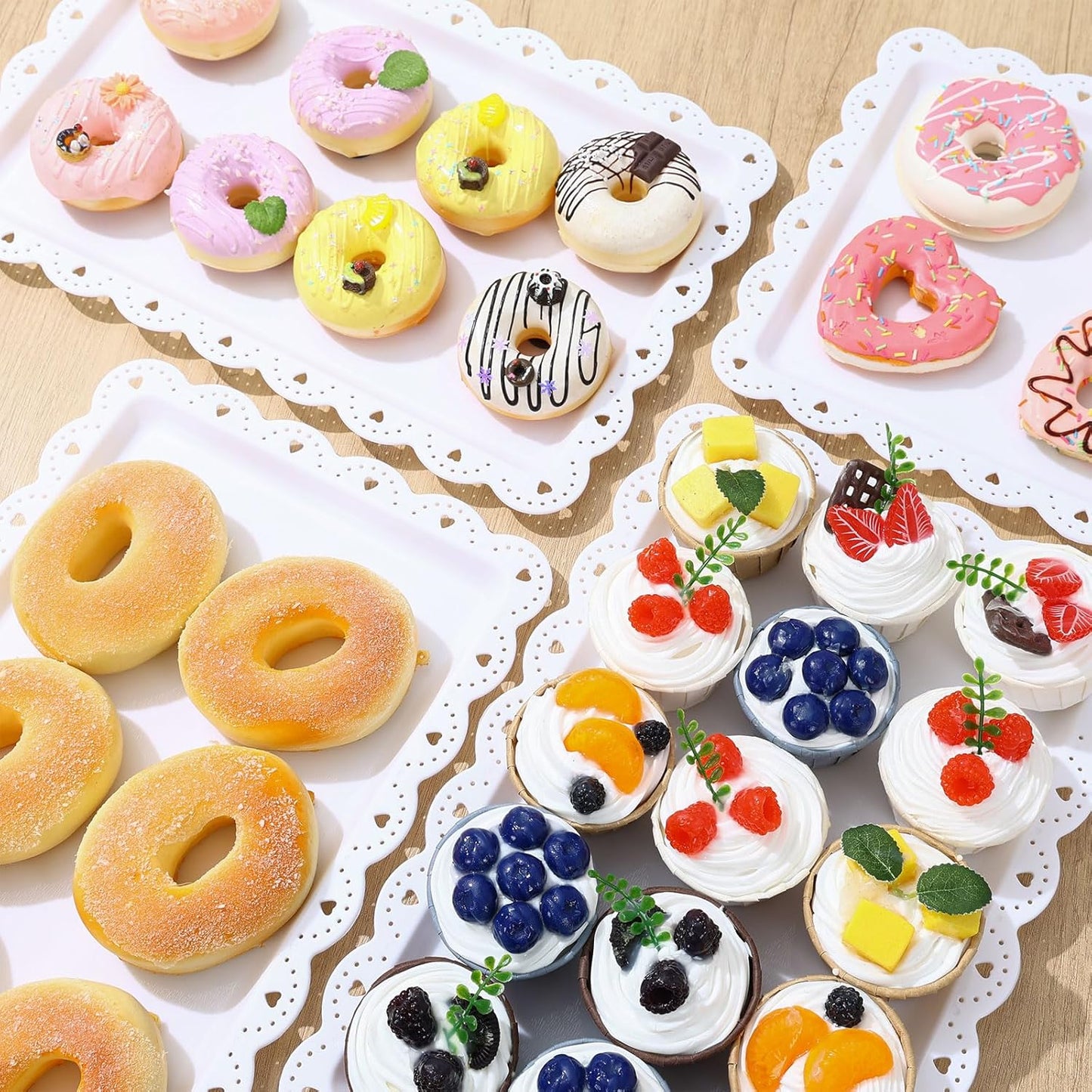 4 Pack Serving Trays for Party with Lace Rim,Rectangle Food Trays, Reusable White Plastic Serving Platters Food Display for Birthday Party, Wedding, Restaurant, 14.45" x 9.33"