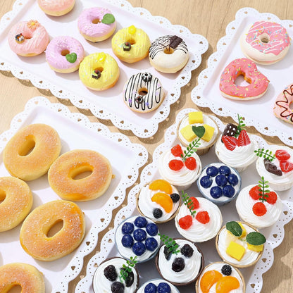4 Pack Serving Trays for Party with Lace Rim,Rectangle Food Trays, Reusable White Plastic Serving Platters Food Display for Birthday Party, Wedding, Restaurant, 14.45" x 9.33"