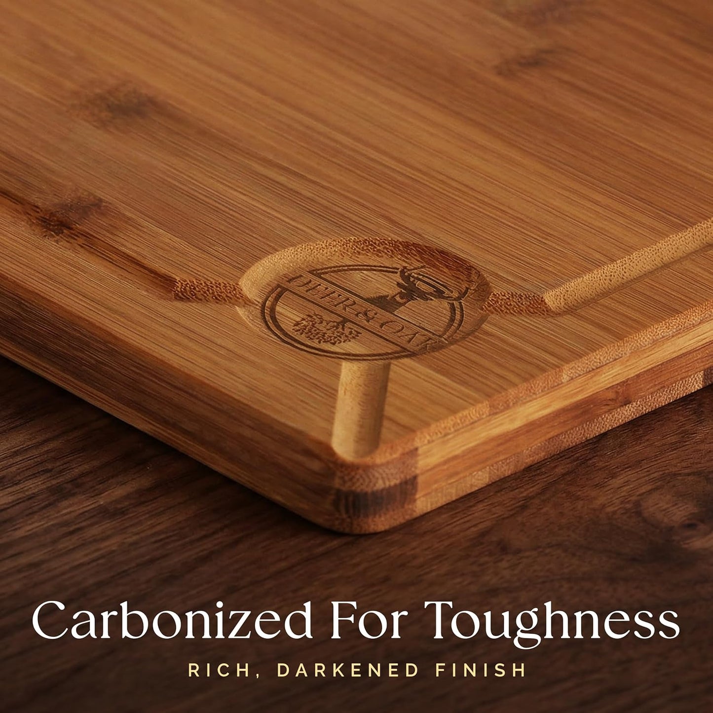 Pre-Oiled, Non Toxic 3-Piece Carbonized Bamboo Cutting Board Set, 500°F Carbonized Technology Eco-Friendly Wooden Chopping Boards for Kitchen with Juice Groove, Charcuterie Serving Boards Deer & Oak