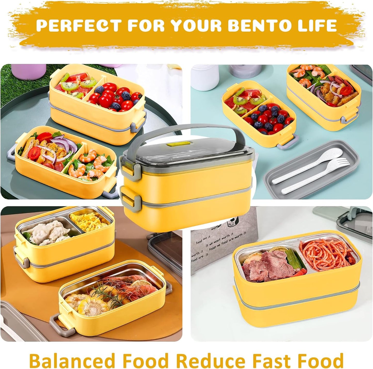 Stainless Steel Bento Box for Adults&Kids,Japanese Leakproof Lunch Box Divided Food Meal Storage Containers Set Stackable 2 Layer for Children School Picnic Beige