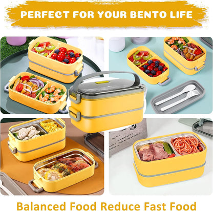 Stainless Steel Bento Box for Adults&Kids,Japanese Leakproof Lunch Box Divided Food Meal Storage Containers Set Stackable 2 Layer for Children School Picnic Beige