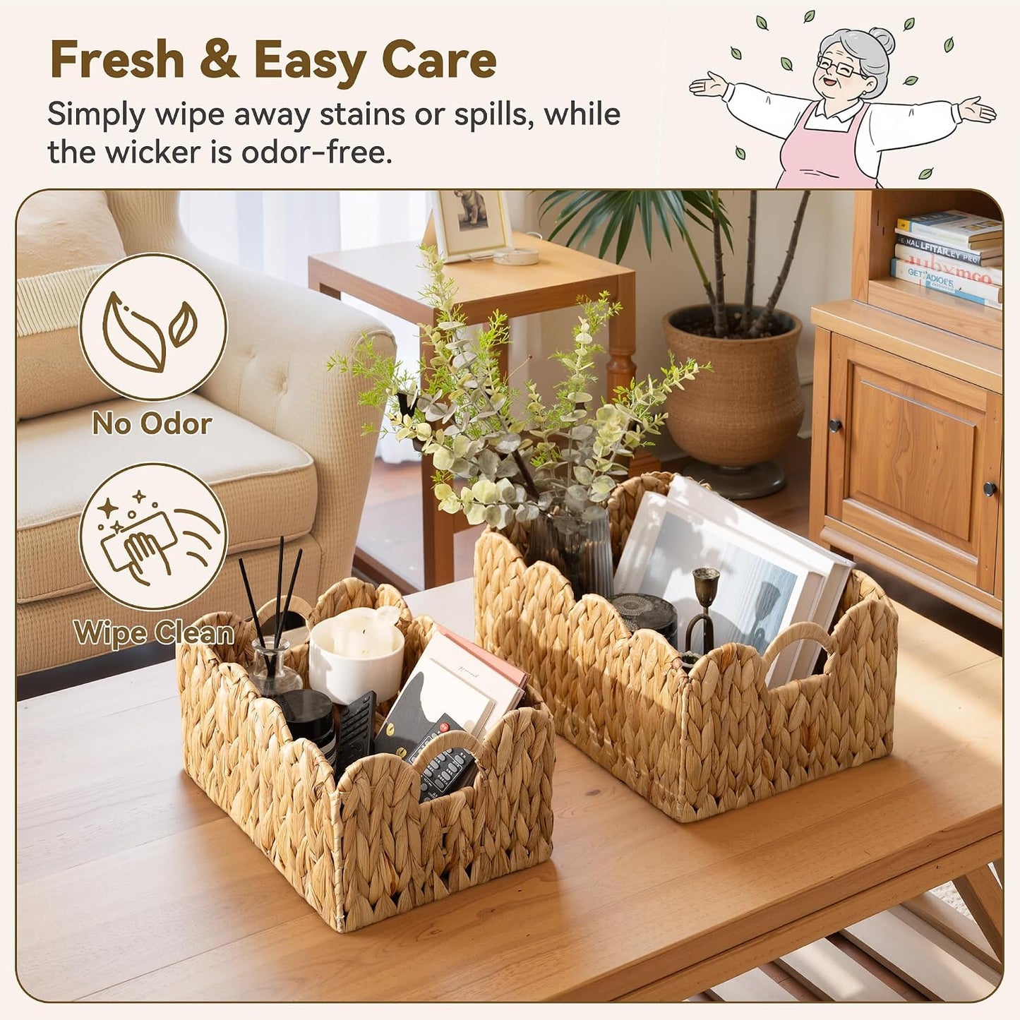 GRANNY SAYS Wicker Storage Baskets for Shelves, Water Hyacinth Basket with Scalloped Edge, Storage Wicker Baskets for Pantry, Large, 2-Pack