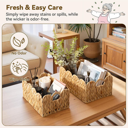 GRANNY SAYS Wicker Storage Baskets for Shelves, Water Hyacinth Basket with Scalloped Edge, Storage Wicker Baskets for Pantry, Large, 2-Pack