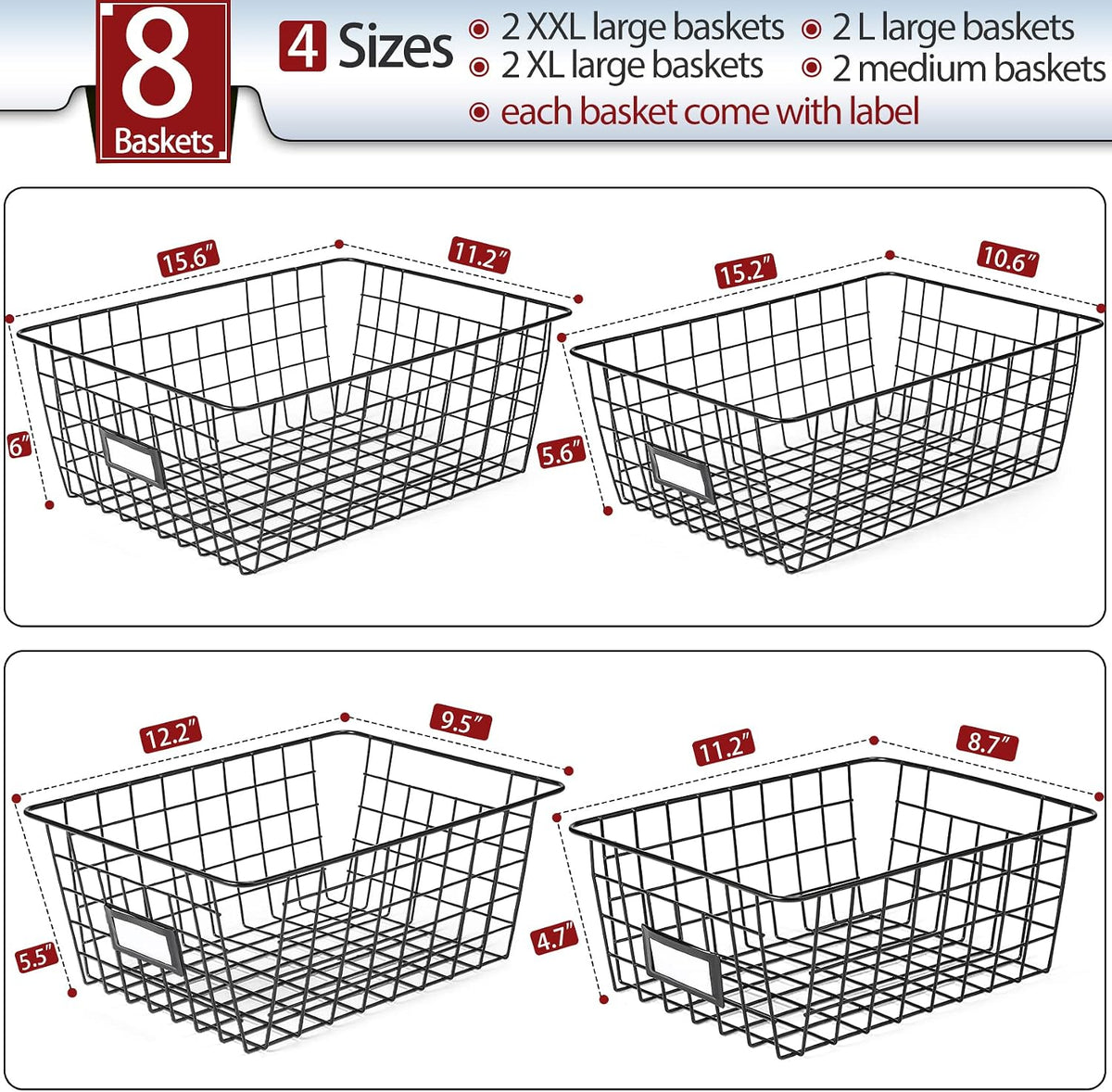 6 Pack Wire Baskets for Pantry Organization and Storage, Kitchen Organizer, 2 XXLarge & 2 XLarge & 2 Large