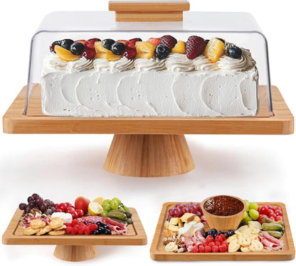 HBlife Cake Stand with Lid (11.4"), Multifunctional Cake Stand with Acrylic Dome, Acacia Wood 6-in-1 Cake Plate Display Stand with Cover for Baking Gifts, Birthday Kitchen Parties, Weddings