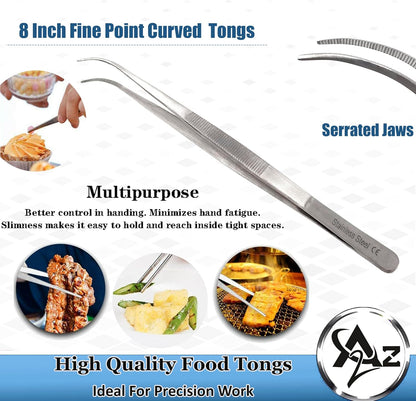 6 Inch Professional Culinary Stainless Steel Precision Tongs with Serrated Tips, Plating/Food Presentation Detailing Serving Tongs, Chef's Kitchen Tweezer Tongs - Ultra Non-Slip Grip