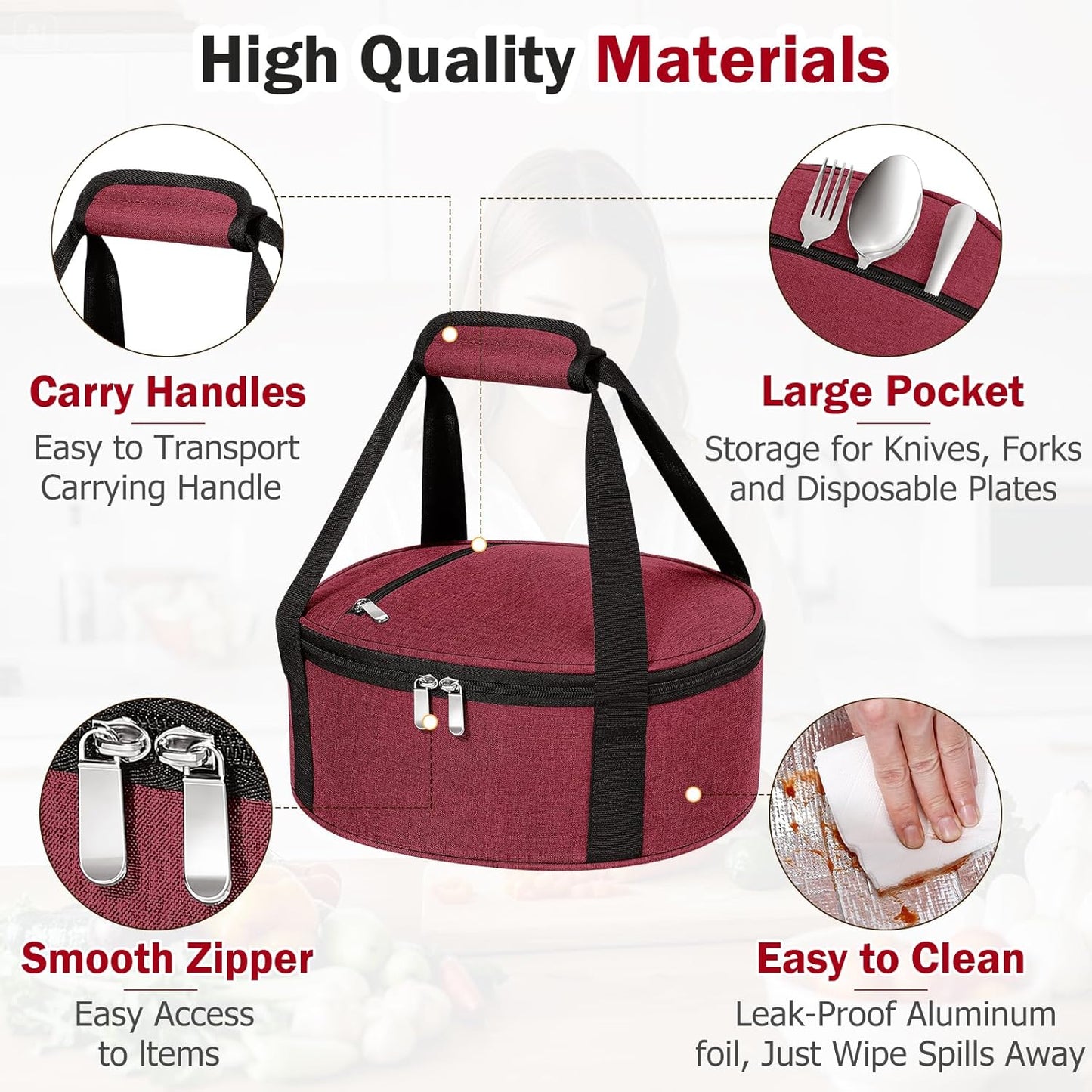 Round Insulated Casserole Carrier – 12" Portable Pie Carrier Bag for Hot or Cold Food, Leakproof Thermal Lunch Tote with Handle for Parties Picnic & Travel - Grey